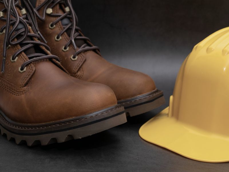 Par smeđih zaštitnih cipela i žuta građevinska kaciga postavljeni na tamnoj podlozi.