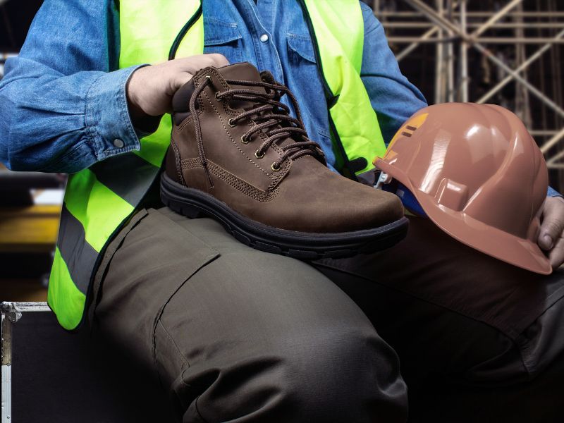 Radnik u reflektujućem prsluku drži zaštitnu radnu cipelu i kacigu, spreman za početak smene na gradilištu.