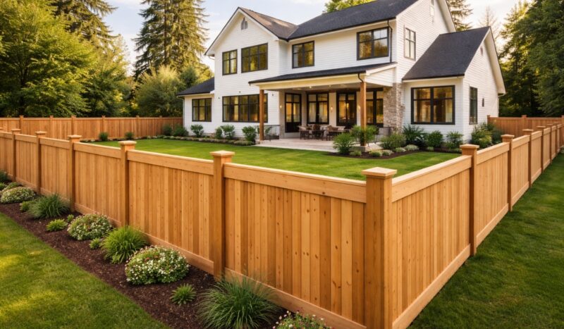 Drvena ograda u velikom dvorištu ispred moderne porodične kuće sa uređenim travnjakom