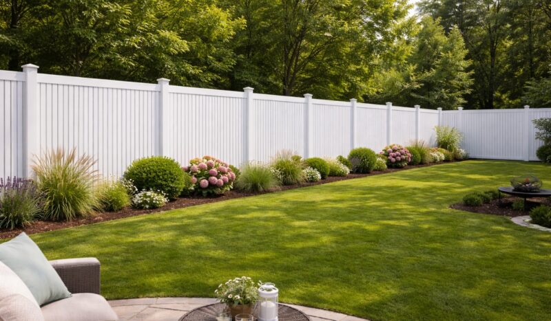 PVC ograda napravljena od niza uskih vertikalnih PVC letvica postavljena u velikom uređenom dvorištu