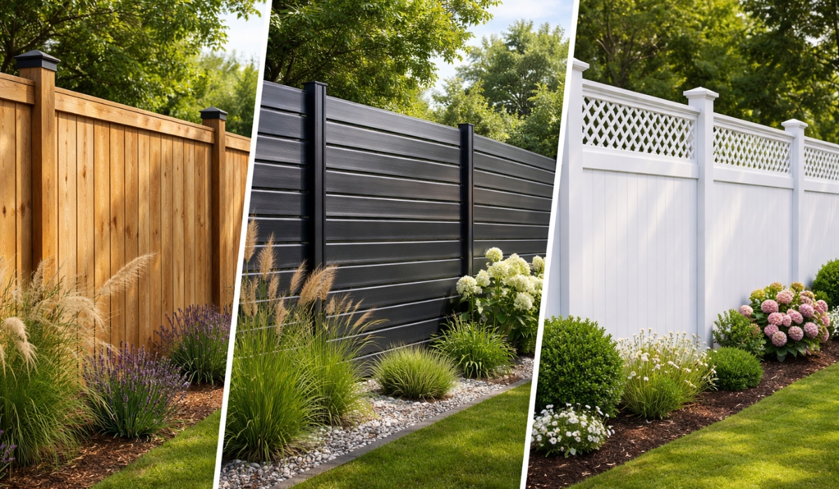 Drvena, metalna ili PVC ograda prikazane u jednom kadru, vizuelno podeljene u tri estetske celine u uređenom dvorištu