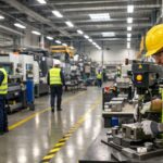 Bezbedno organizovano industrijsko radno mesto sa jasno obeleženim prolazima, radnicima u zaštitnoj opremi i ergonomskim radnim stanicama