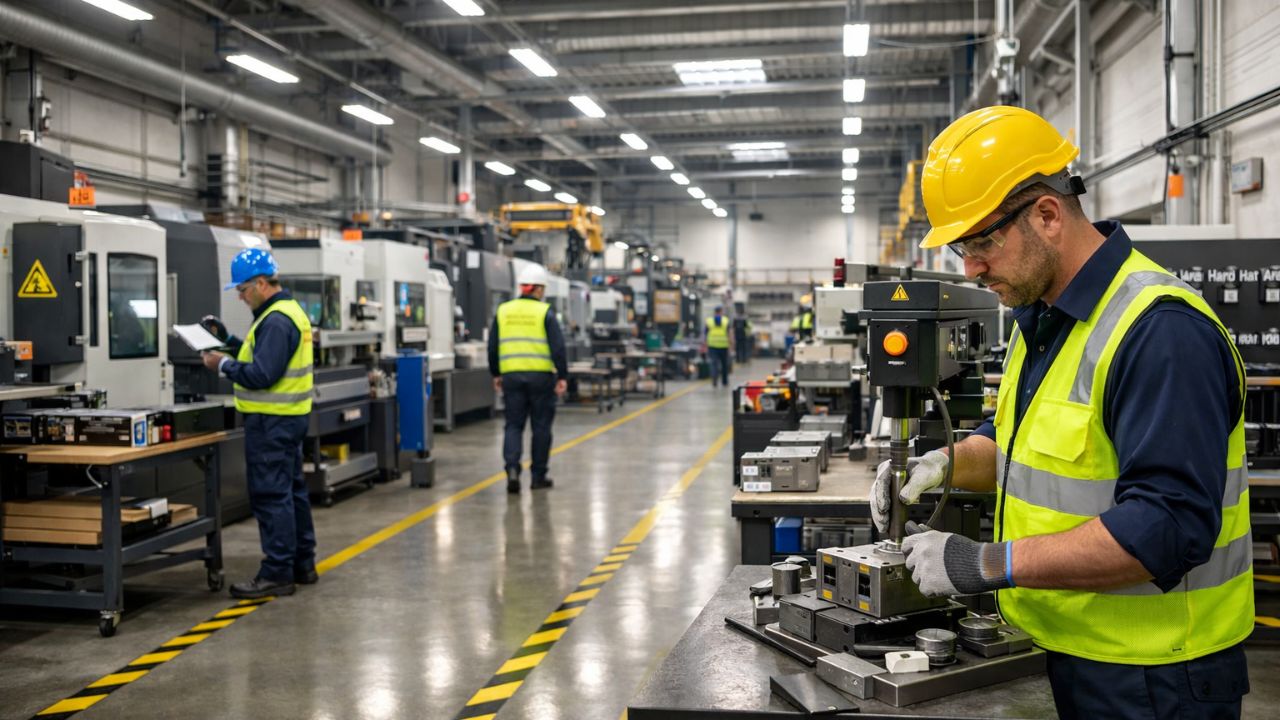 Bezbedno organizovano industrijsko radno mesto sa jasno obeleženim prolazima, radnicima u zaštitnoj opremi i ergonomskim radnim stanicama