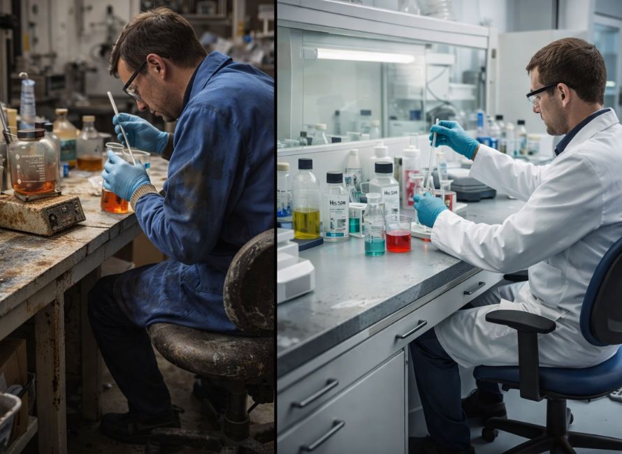 Poređenje nebezbedne i pravilno organizovane laboratorije sa hemijskom opremom i ergonomskim radnim mestom