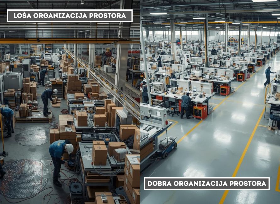 Poređenje loše i dobre organizacije industrijskog prostora sa neurednim i jasno uređenim radnim zonama
