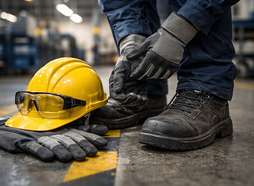 Krupan prikaz lične zaštitne opreme u industriji, kaciga, rukavice, naočare i zaštitne cipele u radnom okruženju