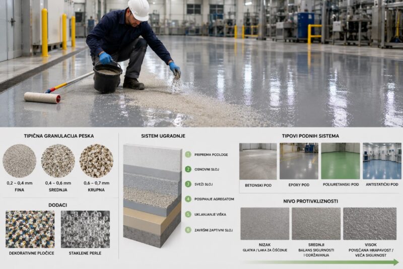 Ugradnja protivkliznog epoxy poda sa posipanjem agregata i prikazom različitih industrijskih podnih sistema