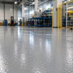 Protivklizni epoxy pod u proizvodnoj hali sa industrijskim mašinama i označenim radnim zonama