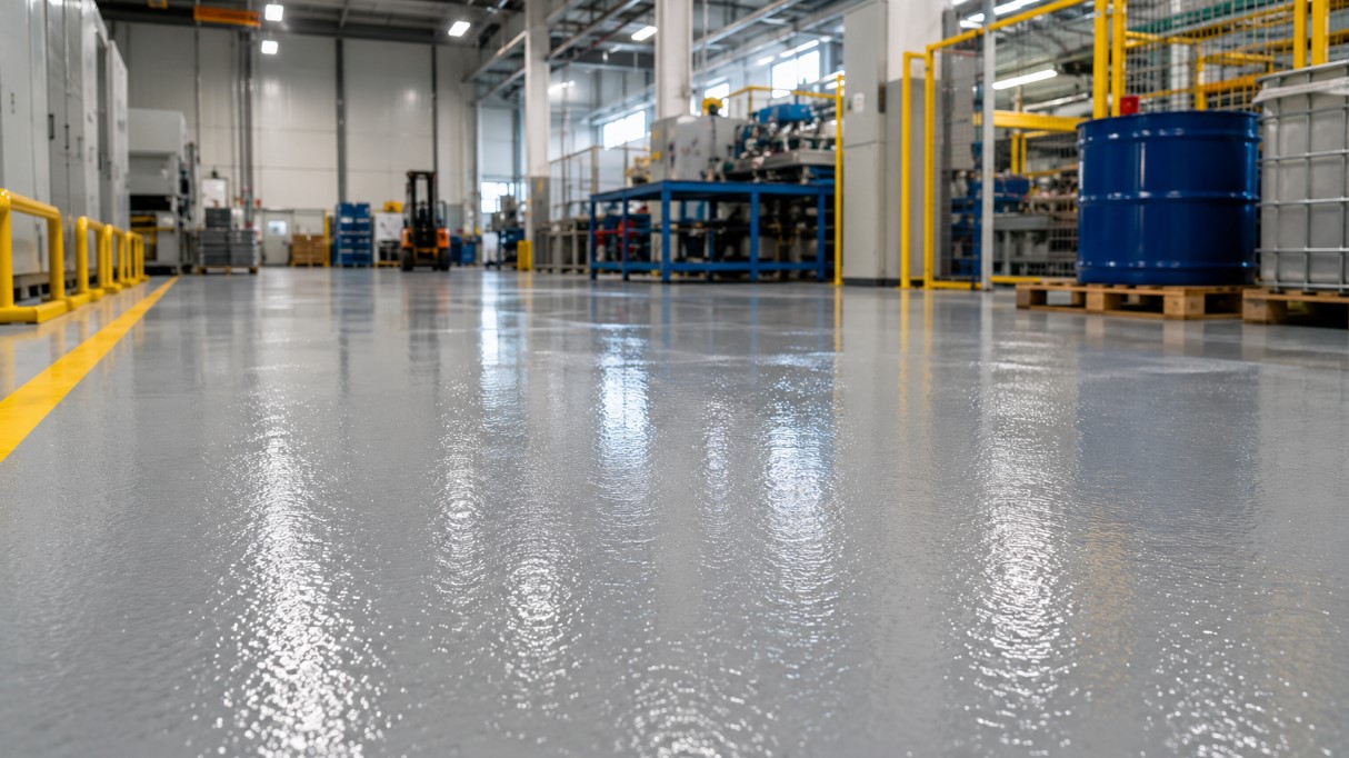 Protivklizni epoxy pod u proizvodnoj hali sa industrijskim mašinama i označenim radnim zonama